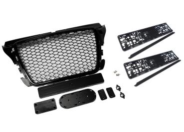 Sportgrill Frontgrill Kühlergrill Wabengrill Passend für Audi A3 8P Facelift Wabengrill Front Grill Kennzeichenhalter 08-13