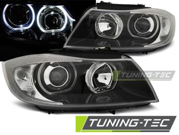 Scheinwerfer Angel Eyes für BMW E90/E91 Bj. 03/2005-2008 Schwarz weiße LED Ringe