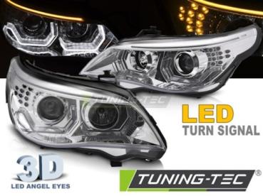 Scheinwerfer 3D Angel Eyes für BMW 5er E60 E61 Bj. 03-07 Chrom mit LED Blinker