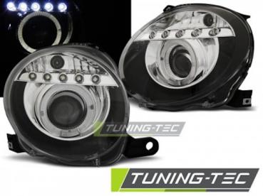 Scheinwerfer Angel Eyes mit LED Leiste für Fiat 500 Bj. 07-15 Schwarz