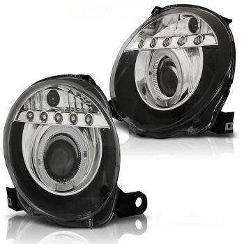Scheinwerfer Angel Eyes mit LED Leiste für Fiat 500 Bj. 07-15 Schwarz