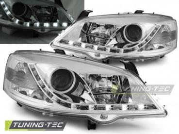 Scheinwerfer LED Tagfahrlicht Optik für Opel Astra G Bj. 98-05 Chrom