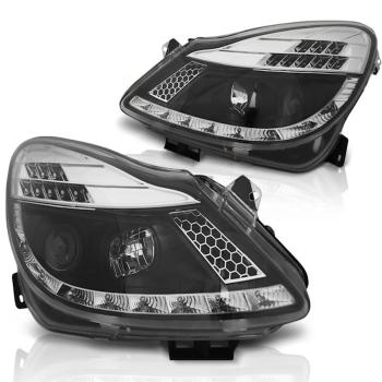Scheinwerfer LED Tagfahrlicht Optik für Opel Corsa D 06- Schwarz mit LED Blinker