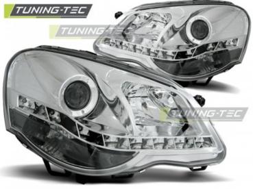 Scheinwerfer LED Tagfahrlicht Optik für VW Polo 9N3 Bj. 05-09 Chrom