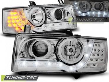 LED Tagfahrlicht Design Scheinwerfer für VW T4 90-03  chrom mit LED Blinker