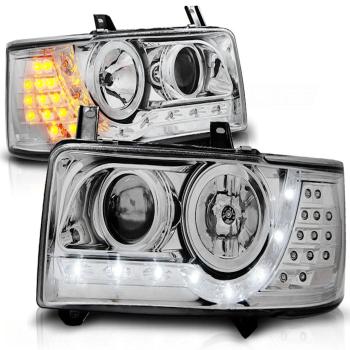 LED Tagfahrlicht Design Scheinwerfer für VW T4 90-03  chrom mit LED Blinker