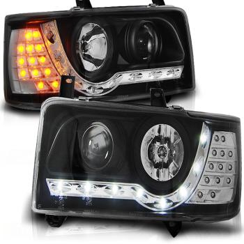 Scheinwerfer LED Tagfahrlicht Optik für VW T4 Bus Bj. 90-03 Schwarz LED Blinker