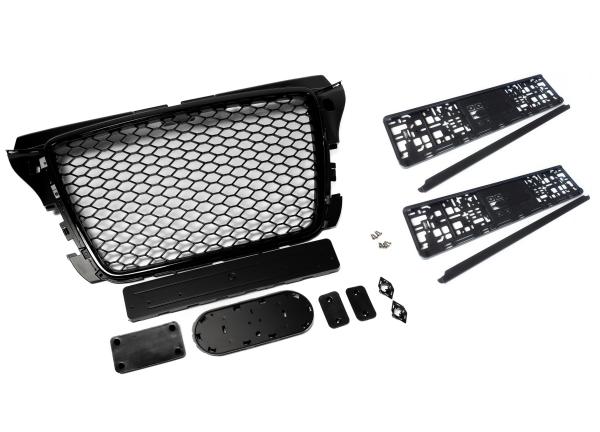 Sportgrill Frontgrill Kühlergrill Wabengrill Passend für Audi A3 8P Facelift Wabengrill Front Grill Kennzeichenhalter 08-13