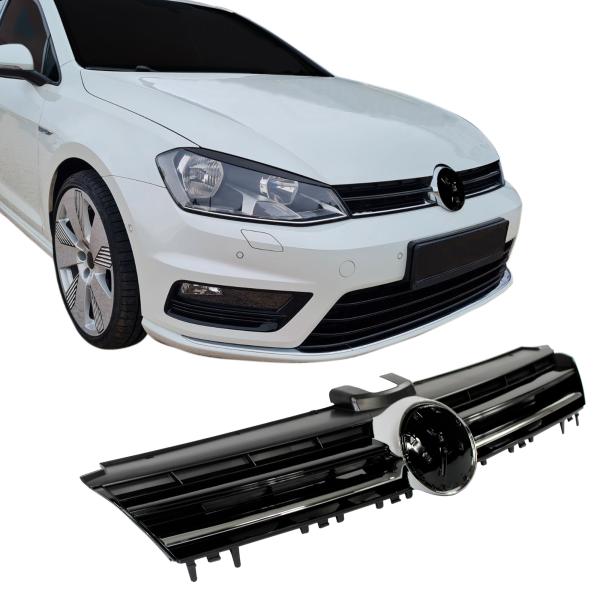 Kühlergrill Kühlergitter für Golf 7 schwarz glanz mit Chromleiste R Look mit Aussparung für das Emblem passend für VW Golf 7 08/12-17 alle Modelle Limousine,Variant