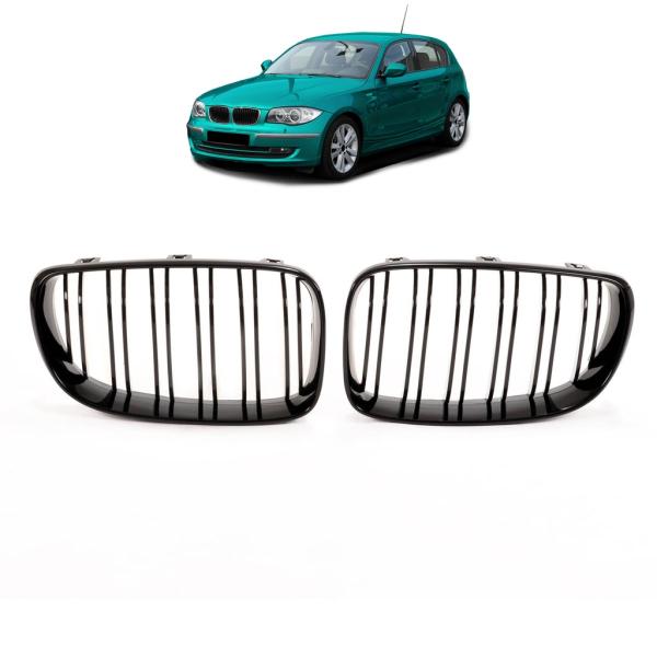 Kühlergrill Schwarz Glanz Doppelsteg SATZ passend für BMW 1er E81 E82 E87 E88