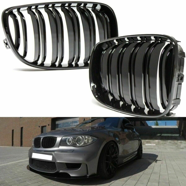 Kühlergrill Schwarz Glanz Doppelsteg SATZ passend für BMW 1er E81 E82 E87 E88
