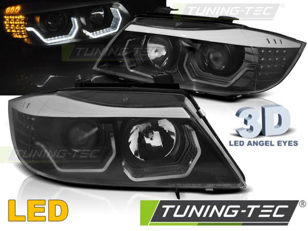 Scheinwerfer 3D Angel Eyes für BMW 3er E90 E91 Bj. 05-08 Schwarz mit LED Blinker