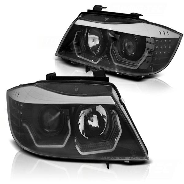 Scheinwerfer 3D Angel Eyes für BMW 3er E90 E91 Bj. 05-08 Schwarz mit LED Blinker
