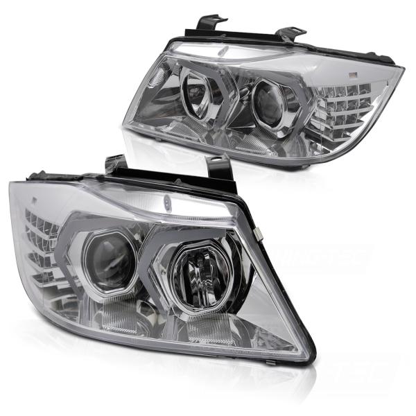 LED Angel Eyes Scheinwerfer Set für BMW 3er E90/E91 05-08 chrom mit LED Blinker