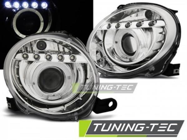 Scheinwerfer Angel Eyes mit LED Leiste für Fiat 500 Bj. 07-15 Chrom