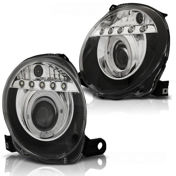 Scheinwerfer Angel Eyes mit LED Leiste für Fiat 500 Bj. 07-15 Schwarz