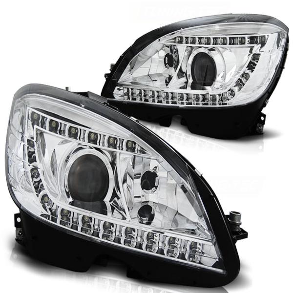 Xenon Scheinwerfer LED Tagfahrlicht Optik für Mercedes C-Klasse W204 07-10 Chrom