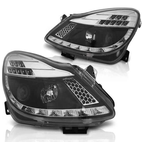 Scheinwerfer LED Tagfahrlicht Optik für Opel Corsa D 06- Schwarz mit LED Blinker
