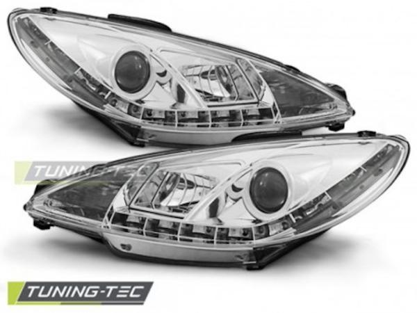 Scheinwerfer LED Tagfahrlicht Optik für Peugeot 206 Bj. 98-06 Chrom