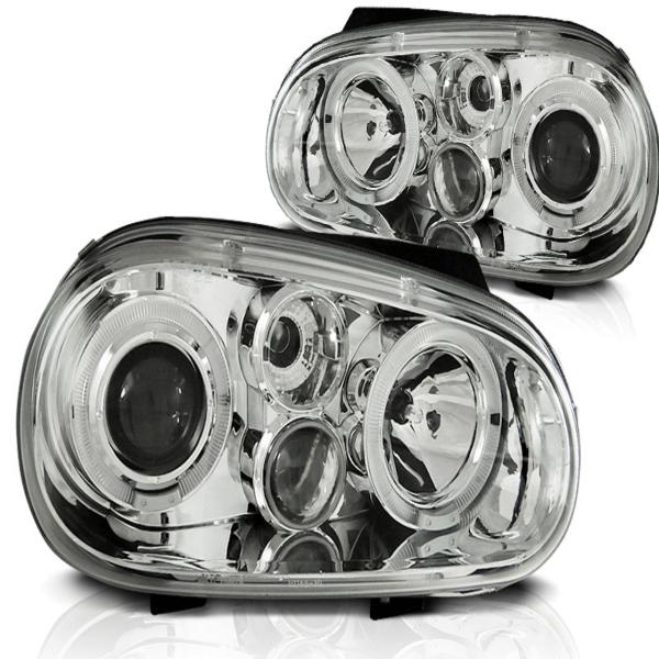 LED Angel Eyes Scheinwerfer für VW Golf 4 97-03 mit Nebelscheinwerfern chrom