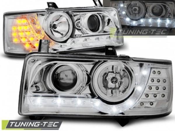 LED Tagfahrlicht Design Scheinwerfer für VW T4 90-03  chrom mit LED Blinker