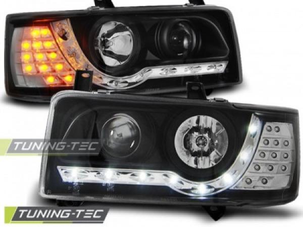 Scheinwerfer LED Tagfahrlicht Optik für VW T4 Bus Bj. 90-03 Schwarz LED Blinker
